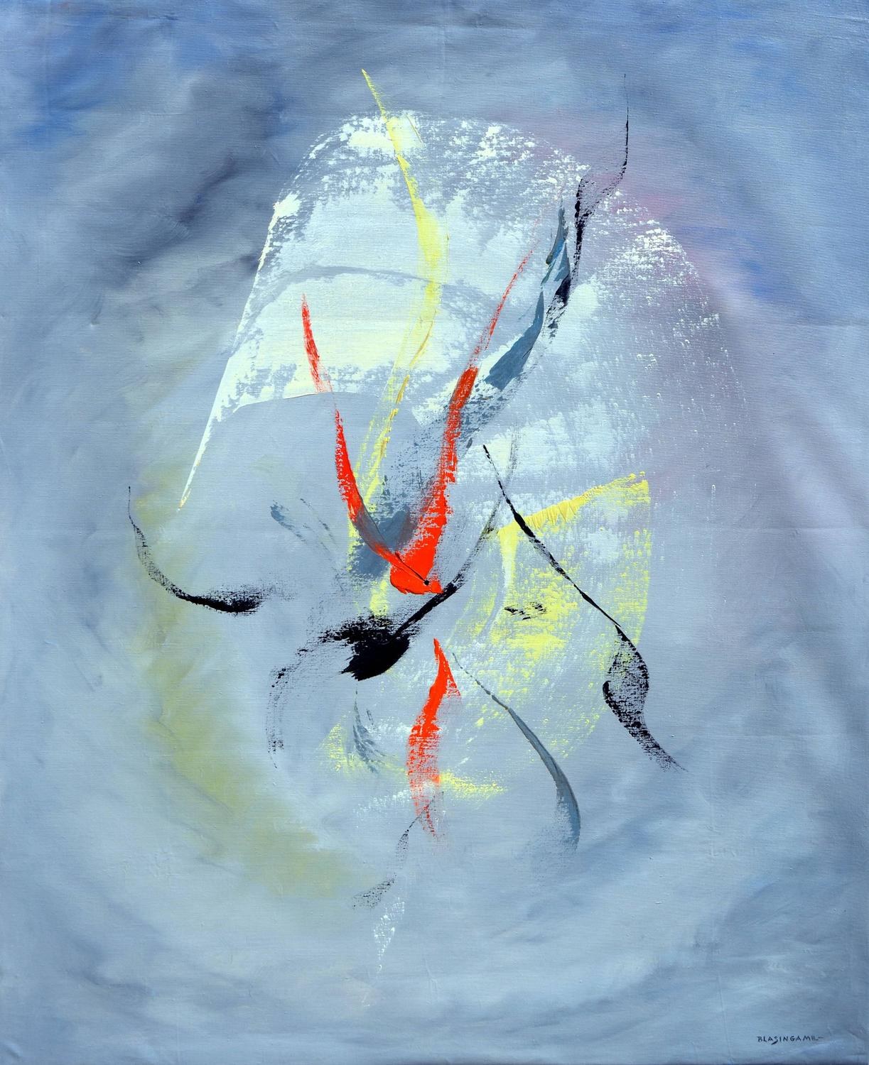 Abstrakte Malerei mit Acryl auf Leinwand mit grauen Tönen, blauem Hintergrund und roten und gelben Akzenten.