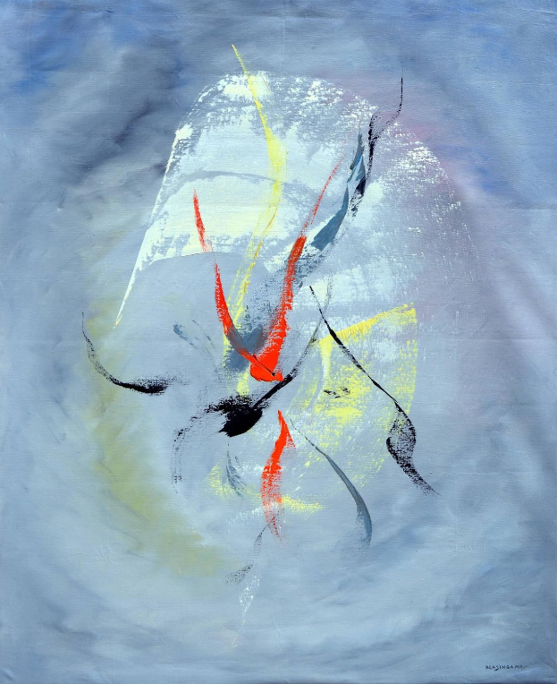 Abstrakte Malerei mit Acryl auf Leinwand mit grauen Tönen, blauem Hintergrund und roten und gelben Akzenten.