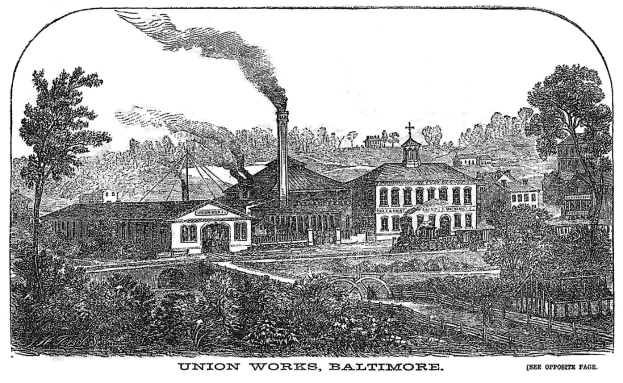 Schwarze und weiße Zeichnung der Union Works in Baltimore, Maryland, die mehrere Gebäude, Bäume und Rauch im Hintergrund zeigt, mit Text unten.