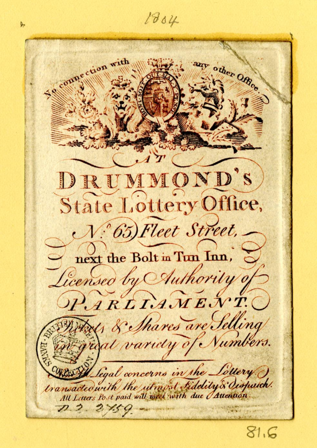Ein gelblicher Buchdeckel mit einem Stempel und der Aufschrift "Drummond's State Lottery Office"