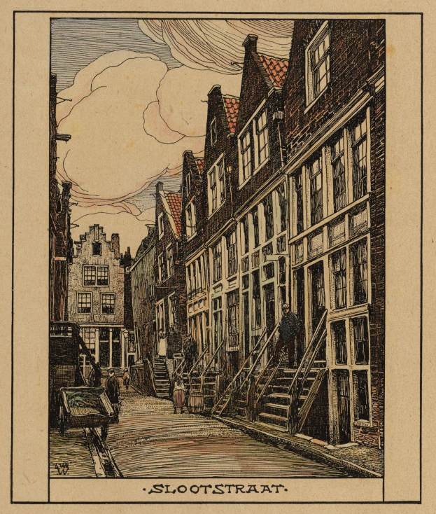 Eine Zeichnung einer Straße in Amsterdam, Niederlande, mit Gebäuden, Treppen, Menschen und einem Karren im Vordergrund und Wolken am Himmel im Hintergrund sowie Text am unteren Rand des Bildes.