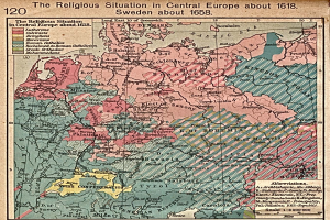 Posterkarte von Mitteleuropa aus dem Jahr 1618, die die religiöse Landschaft der Region mit detaillierten Anmerkungen zeigt.