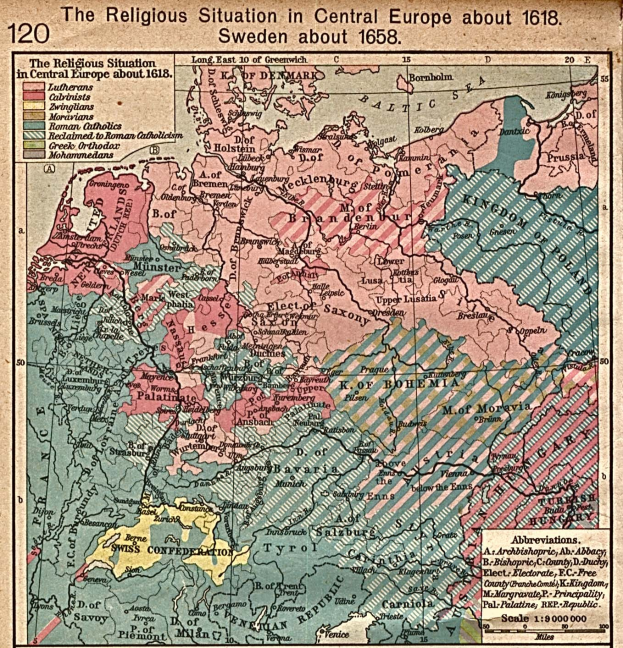 Posterkarte von Mitteleuropa aus dem Jahr 1618, die die religiöse Landschaft der Region mit detaillierten Anmerkungen zeigt.