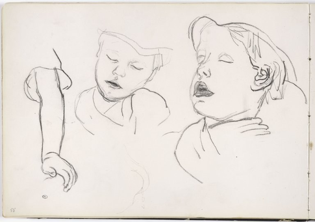 Schwarze Tusche-Zeichnung auf weißem Papier von einem Jungen und einem Mädchen, die sich gegenüberstehen und der Junge hat seinen Arm um die Schulter des Mädchens gelegt, beide mit friedlichen Gesichtern.