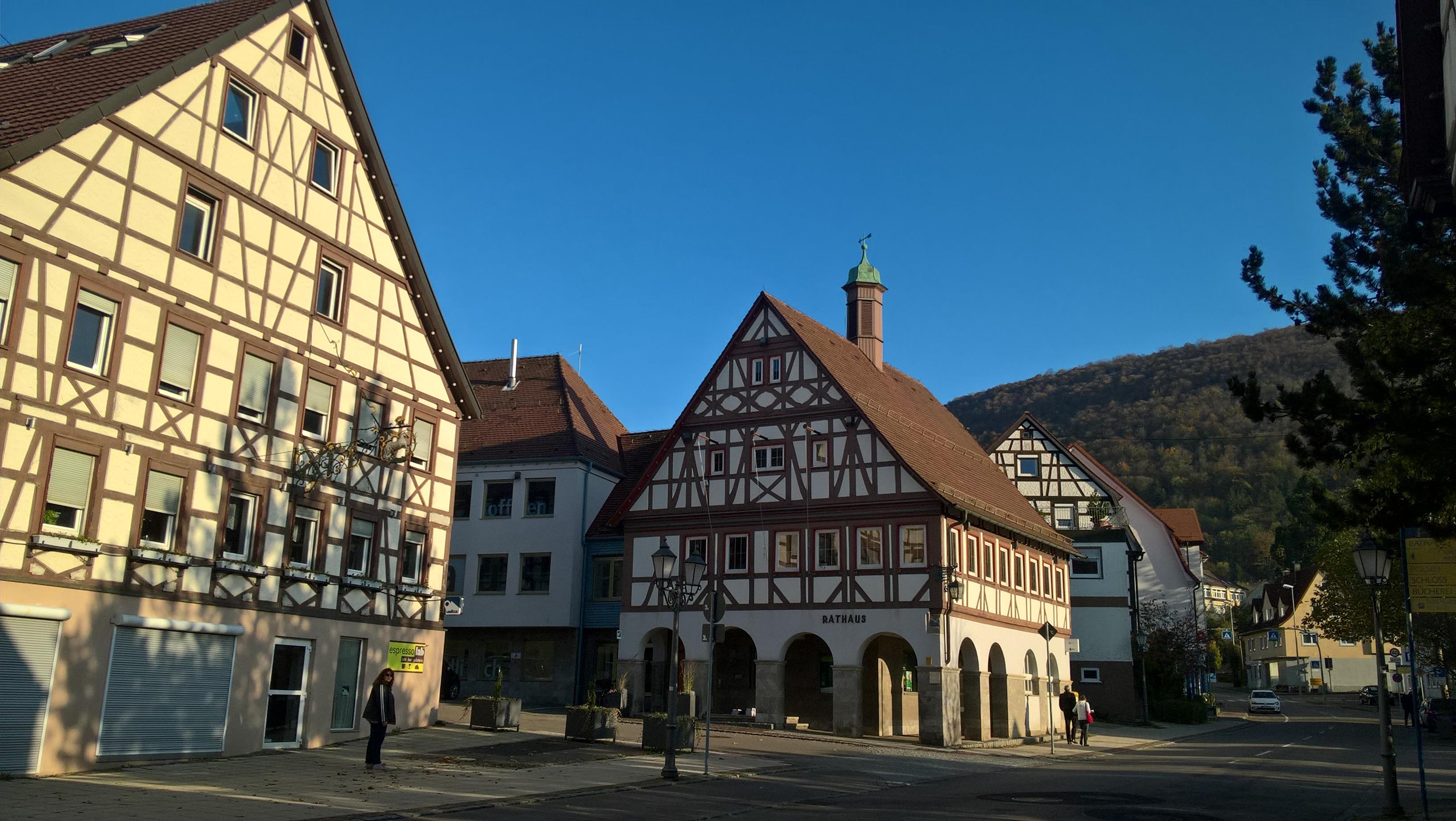 Ein kleines Dorf mit Gebäuden, Straßenlaternen, Fahrzeugen, Fußgängern, Infotafeln, Bäumen und Hügeln unter einem klaren blauen Himmel, mit einem zentralen Haus.