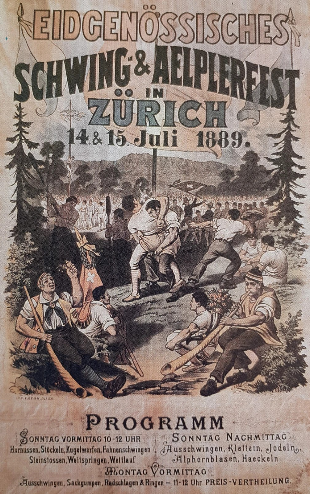 Altes Plakat für ein Festival in Zürich, Schweiz, mit einer Gruppe von Menschen mit Stöcken und Bäumen im Hintergrund, einschließlich Text über das Ereignis.