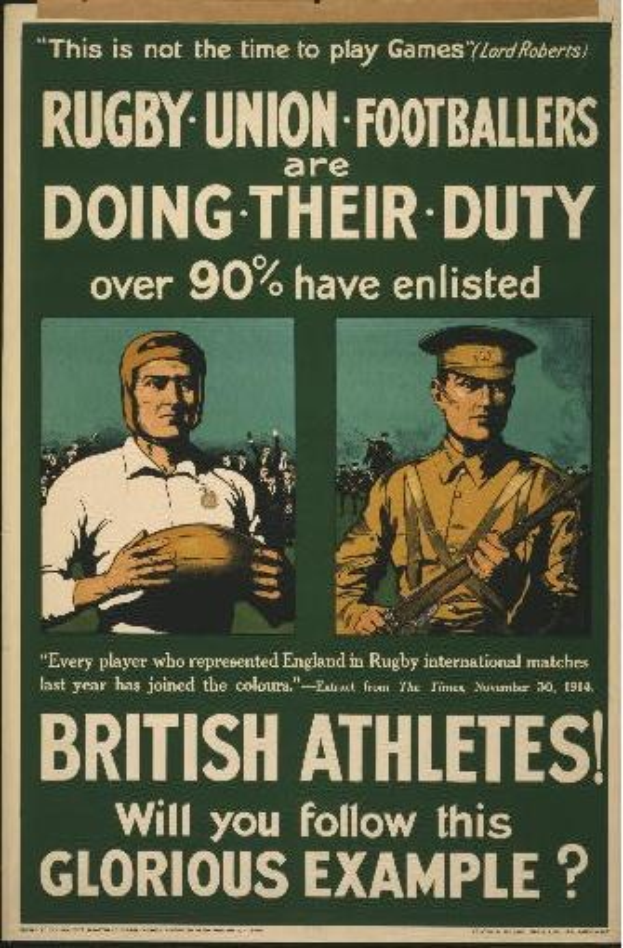 Britische Rugbyspieler in einem Plakat, das zur Einberufung aufruft und Informationen über Athleten und ihre Aufgaben enthält.