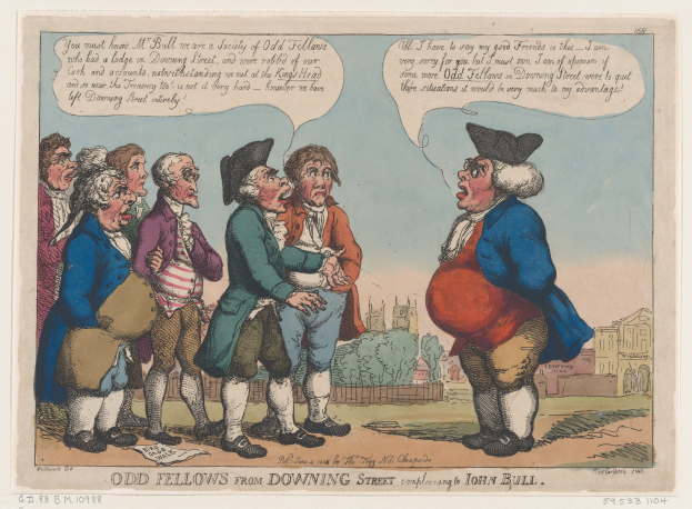 Cartoon illustration on paper showing a group of people in front of a building with trees and sky, with text at the bottom reading "odd fellows from downing street complaining to John Bull".