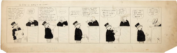 Ein Comic-Strip-Panel mit einem Mann in Zylinder und einer Frau in Kleid, die in eine Diskussion vertieft sind, wobei der Mann ein Blatt Papier hält.