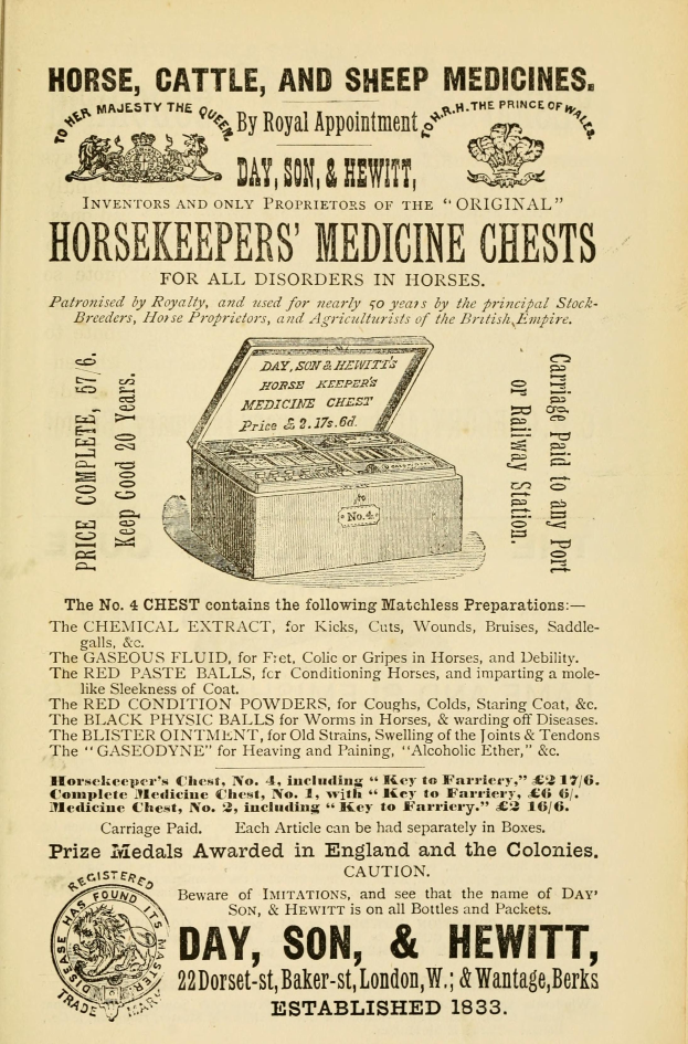 Ein altes Buchcover mit einem Pferd, einem Rinder- und einem Schafmedizin-Kasten und der Aufschrift "Pferd-, Rinder- und Schafmedizin".