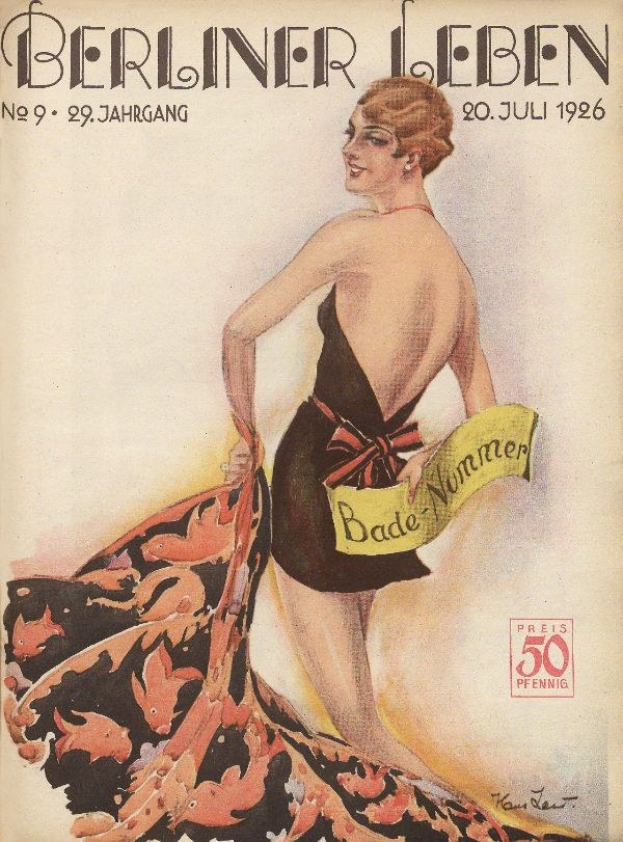 Titelbild der Berliner Leben Zeitschrift vom Juni 1926 mit einer Frau in einem Badeanzug, die ein Tuch hält, und dem Zeitschriftennamen oben drauf.