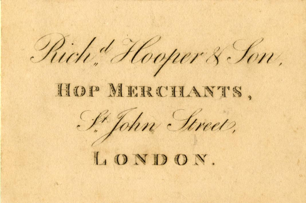 Geschäftskarte für Rich, Hooper & Son, Hop Merchants, St John Street, London.