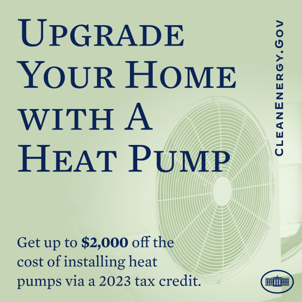 Plakatwerbung für Heizpumpen-Upgrades mit einem Bild einer Heizpumpe und dem Text "Upgrade Your Home with a Heat Pump."