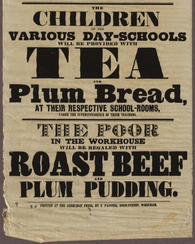 Ein Blatt mit dem Text "Die Kinder der verschiedenen Tagesschulen werden mit Tee, Pflaumenbrot und Rinderbraten sowie Plumpudding versorgt."