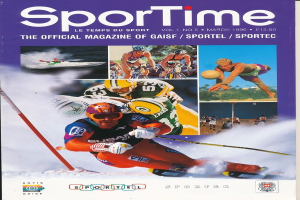 Ein Magazin-Cover mit der Aufschrift "Sporttime Magazine - März 1996", das Bilder von Skifahrern und Snowboardern, Text und Logos zeigt.