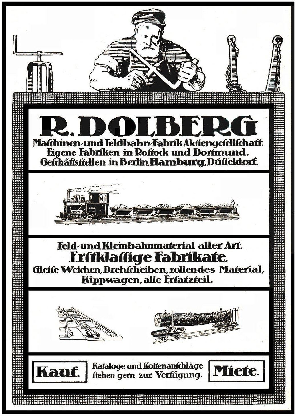 Werbung für die Fabrik von R.D. Dolberg in Hamburg, Deutschland, mit einem Plakat mit Text und Bildern einer Person, eines Zugs und anderer Gegenstände.
