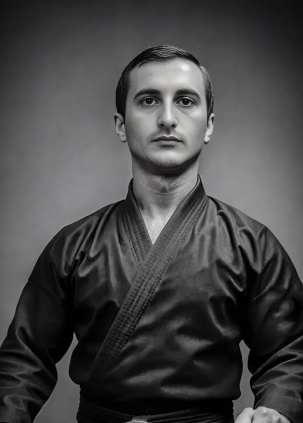 Ein Mann in einem schwarzen Karateanzug mit einem schwarzen Gürtel steht selbstbewusst vor einem grauen Hintergrund, aufgenommen in Schwarz-Weiß.