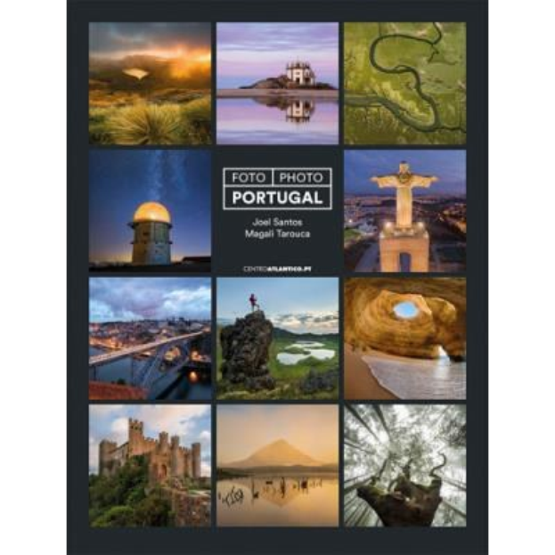 Collage-Poster von Portugal mit Sehenswürdigkeiten wie einer Brücke, einem Turm und einer Statue, umgeben von Bildern von Gebäuden, Bäumen, Wasser und Himmel, mit beschreibendem Text.