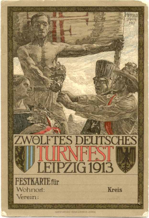 Plakat für das Zwölfte Deutsche Turnfest Leipzig 1913, das eine zentrale Gruppe von Menschen mit Texten zeigt, die die Ereignisinformationen bereitstellen.