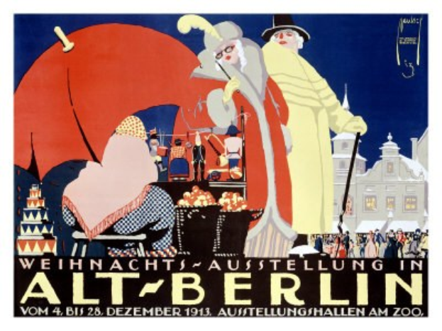 Plakat, das eine Weihnachtsausstellung in Alt-Berlin ankündigt, mit leuchtenden Illustrationen von Menschen, Gebäuden und Gegenständen und dem Text "Weihnachtsausstellung in Alt-Berlin" oben.