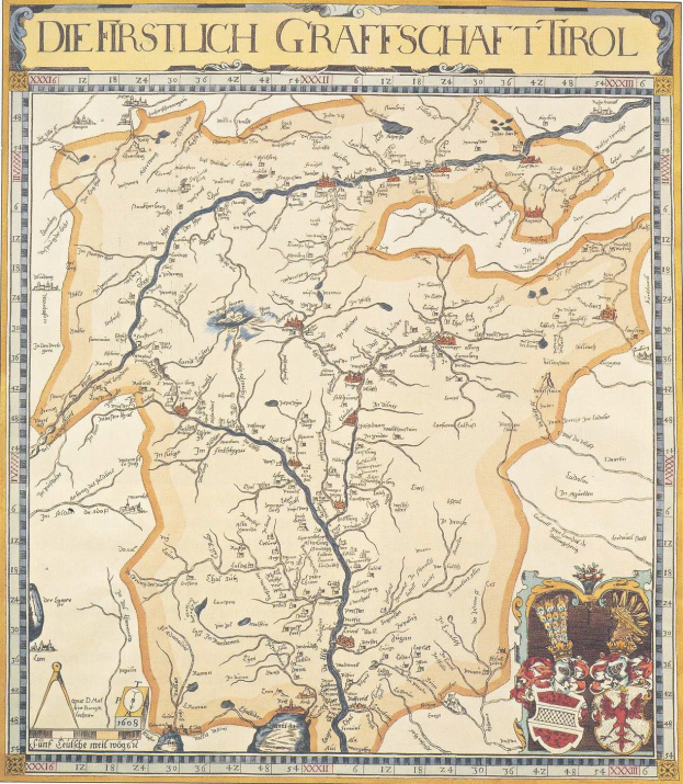 Ein detailliertes historisches Plakat der ersten Grafschaft Tirol-Karte, das geographische Merkmale wie Flüsse, Berge und Städte sowie begleitenden Text zeigt.