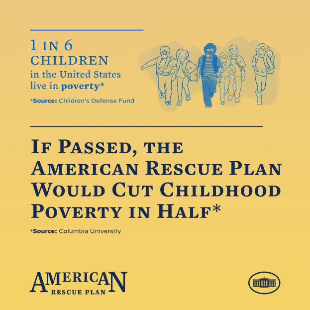 Plakat zur Unterstützung des American Rescue Plans, das den Text zeigt, dass es die Kinderarmut in den USA halbieren würde, und ein Bild einer vielfältigen Gruppe von Menschen.