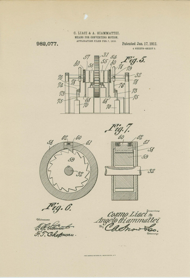 Ein detailliertes mechanisches Konstruktionsschema mit Zahnrädern und Zylindern, begleitet von dem Text "Cosmo Liact Patent 982,077" auf einer Buchseite.