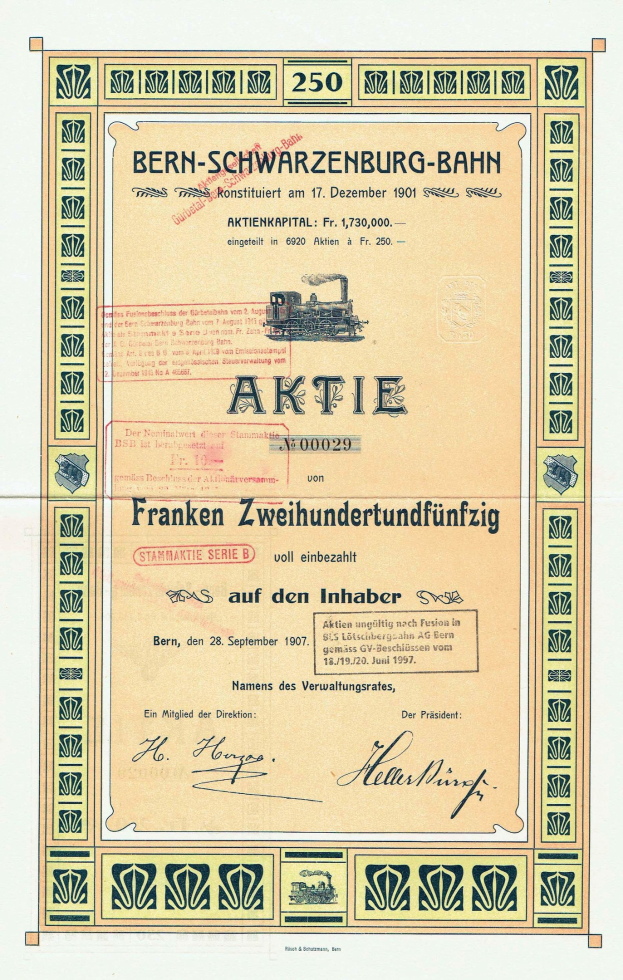 Altes deutsches Regierungsaktienzertifikat für Bern-Schwarzenburg-Bahn mit einer Illustration eines Zugs und gedrucktem Text.