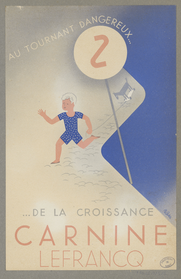 Ein Plakat, das ein Karnevalsfest in Frankreich ankündigt, zeigt eine Person in einem hellgelben Kleid, die strahlend in der Mitte steht, umgeben von der fetten schwarzen Schrift "Karneval".