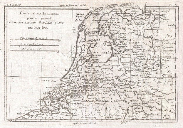 Alte Karte der Niederlande, die Provinzen Holland und die Niederlande hervorhebt, mit handgeschriebenem Text auf altem Papier.