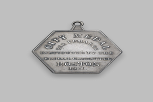 Eine silberne Medaille mit der Aufschrift 'Stadtmedaille für Frauen' vor einem weißen Hintergrund.