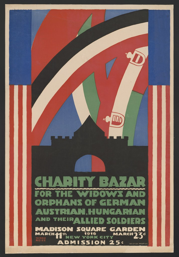 Plakat für eine Charity-Veranstaltung zugunsten der Witwen und Waisen deutscher, australischer, ungarischer und alliierter Soldaten, mit Veranstaltungseinzelheiten im Text.