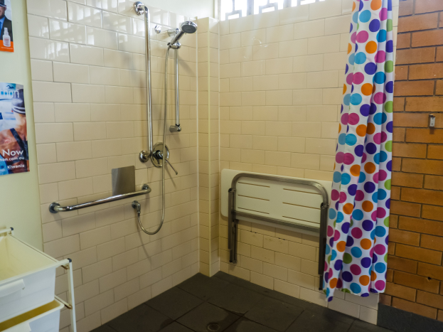 Ein barrierefreies Badezimmer mit Dusche, Handläufen, Vorhang, Wandplakaten, einem Ständer mit Tablett und einem Fenster.