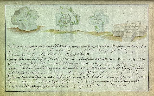 Altes Dokument mit einem Brief einer deutschen Familie aus dem Jahr 1823, das eine vergilbte Seite mit sauberer Schreibschrift und eine Zeichnung von drei keltisch-stilischen Kreuzen enthält.