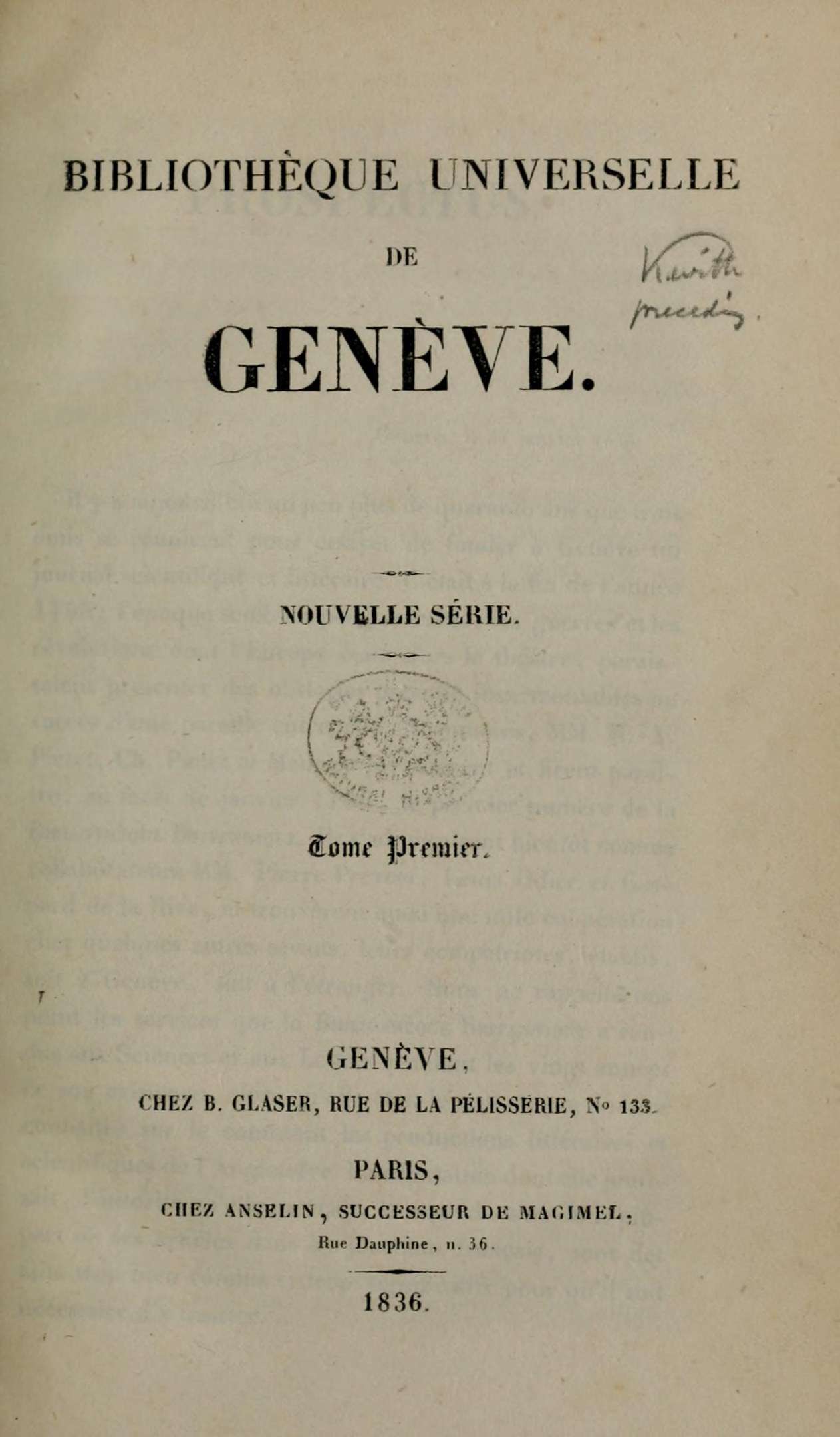 Ein altes Buch mit dem Titel 'Bibliothèque Universitaire de Geneve' ist aufgeschlagen und zeigt seinen Text.