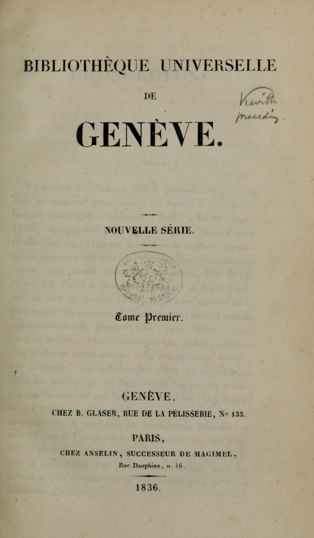 Ein altes Buch mit dem Titel 'Bibliothèque Universitaire de Geneve' ist aufgeschlagen und zeigt seinen Text.