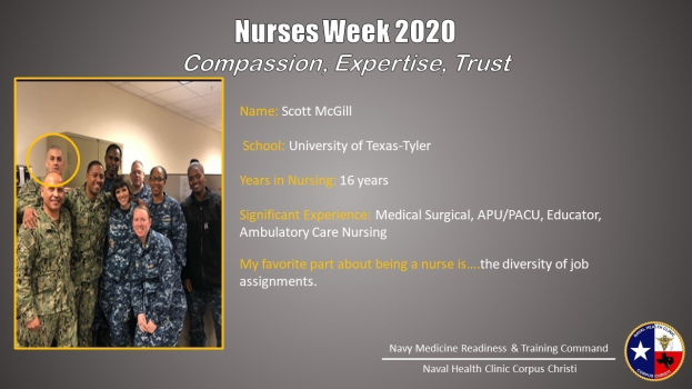 Gruppe von Menschen, die auf der linken Seite lächelt, mit Text "Nurses Week 2020: Mitgefühl, Expertise, Vertrauen" und einem Logo auf der rechten Seite.