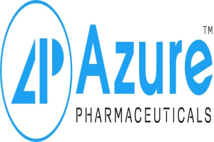Logo der Azure Pharmaceuticals: fettes schwarzes Unternehmensnamenlogo in einem blauen Kreis mit weißer Umrandung auf weißem Hintergrund.