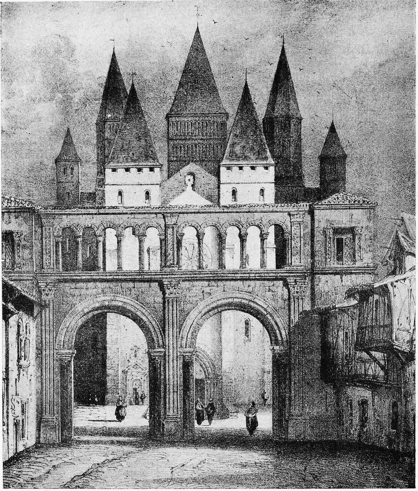 Schwarze und weiße Zeichnung einer Burg mit einem Uhrenturm im Hintergrund, umgeben von Menschen, mit dem Text "Renaissance-Bogen" unten.