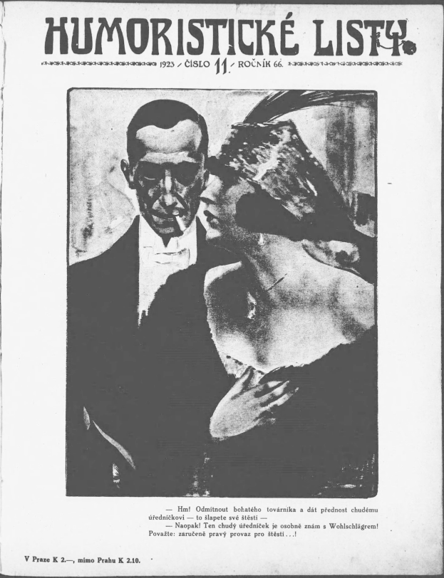 Schwarze und weiße Zeitschriftentitel 'Humoristische Liste' mit einem Mann im Anzug mit ernstem Gesichtsausdruck und einer Frau, die mit einem leichten Grinsen wegsieht.