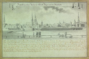Eine Zeichnung einer Stadtlandschaft mit einer Kutsche im Vordergrund, die die Belagerung von Hamburg, Deutschland, darstellt, mit Text auf dem Papier, der die Ereignisse der Belagerung beschreibt.