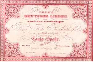 Ein altes deutsches Aktienzertifikat mit rotem Rand und weißem Hintergrund, das den Text 'Louis Spohr - Zweites Deutsches Lieder' zeigt.