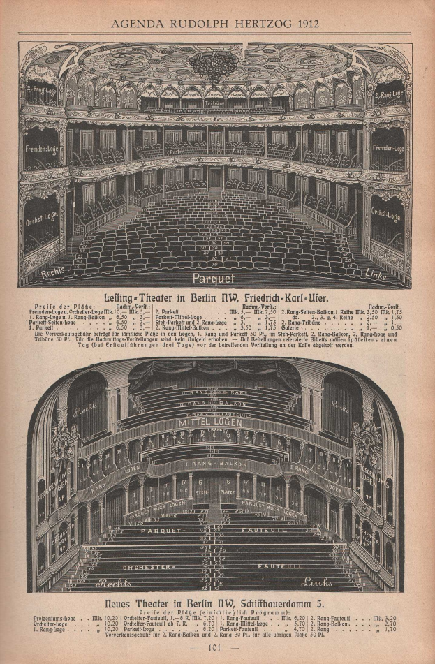 Eine alte Buchseite mit einer Zeichnung aus dem Jahr 1912 von einem großen Auditorium in Berlin, Deutschland, begleitet von Text, der das Layout des Theaters beschreibt.