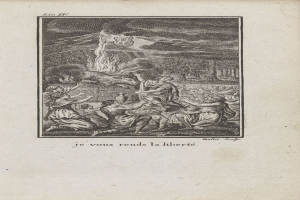 Ein aufgeschlagenes Buch zeigt eine Zeichnung von besorgten Menschen, die sich um ein helles Feuer versammelt haben, mit der fett geschriebenen Überschrift "Je vous rends la liberté" darüber.