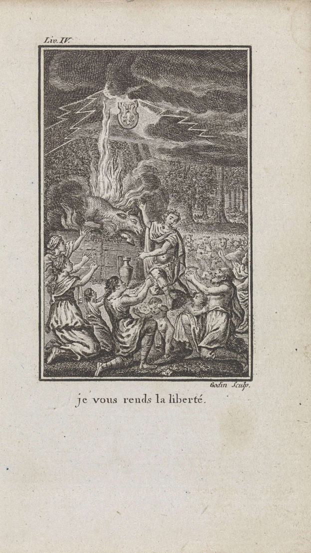 Ein aufgeschlagenes Buch zeigt eine Zeichnung von besorgten Menschen, die sich um ein helles Feuer versammelt haben, mit der fett geschriebenen Überschrift "Je vous rends la liberté" darüber.