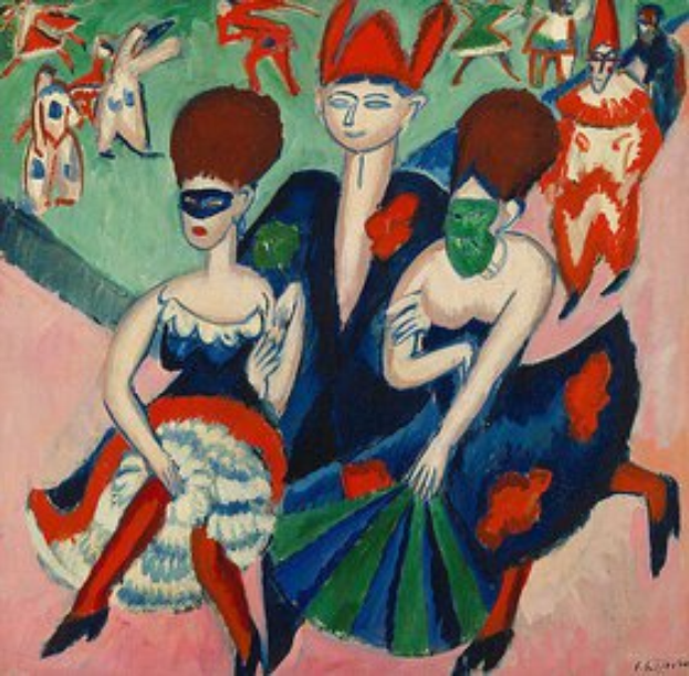 Zwei Frauen in bunten, gemusterten Kleidern und Masken tanzen fröhlich in einer lebendigen, energischen Umgebung, betitelt "Der Tanz des Karnevals" von Henri Matisse, 1913.