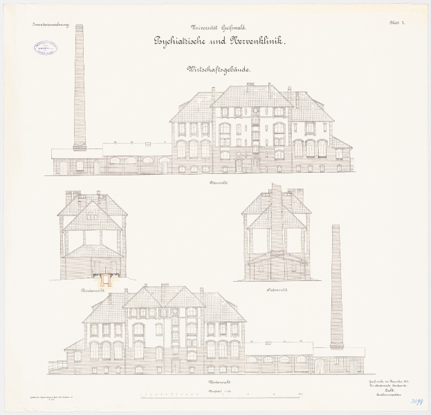 Eine Zeichnung eines mehrstöckigen Gebäudes mit zahlreichen Fenstern und einem Schornstein, das als psychiatrische Klinik in Deutschland identifiziert wird, mit handgeschriebener Schrift auf dem Papier.