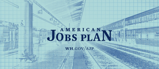 Entwurf einer Bahnhofstation mit der Aufschrift "American Jobs Plan" und einem Zug auf der rechten Seite
