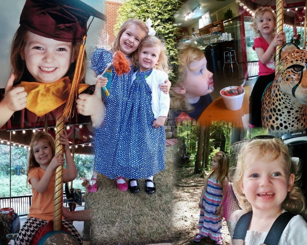 Collage mit lustigen Fahrgeschäften, Kindern, einem Tisch mit Speisen, einem Becher, einem Löffel, Lampen, einer Wand, Büschen, Bäumen, Gras, Seil und einem Hut.