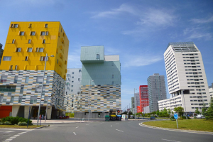 Eine Stadtstraße mit hohen Gebäuden, die als Teil der Universität Rotterdam gekennzeichnet sind, Straßenlaternen, Verkehrspolizei, Kraftfahrzeuge, Informationsschilder, Büsche, Bäume und ein bewölkter Himmel.
